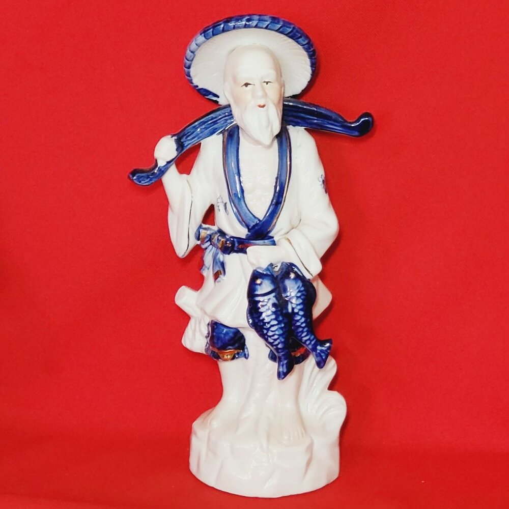 Vintage Chinese Fisherman Porcelain Figurine Blue and White